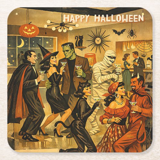 Midden eeuw retro 50s Halloween Martini Feest Kartonnen Onderzetters (Voorkant)