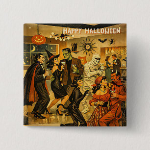 Midden eeuw retro 50s Halloween Martini Feest Vierkante Button 5,1 Cm