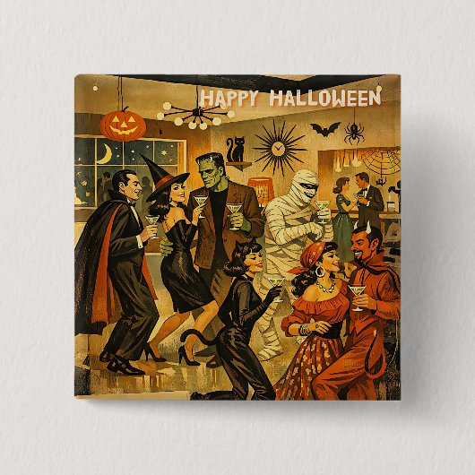 Midden eeuw retro 50s Halloween Martini Feest Vierkante Button 5,1 Cm (Voorkant)