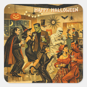 Midden eeuw retro 50s Halloween Martini Feest Vierkante Sticker