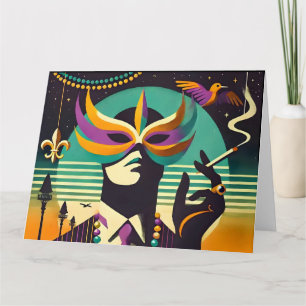 Midden eeuw Retro 60s Mardi Gras De Rokkende Man Kaart