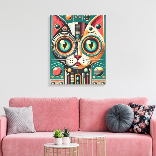 Midden Eeuw Retro Futuristische Circuit Kat Canvas Afdruk (Insitu (Woonkamer))