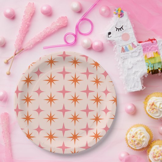 Midden eeuw Retro Starbursts Patroon Roze Sinaasap Papieren Bordje (Feest)