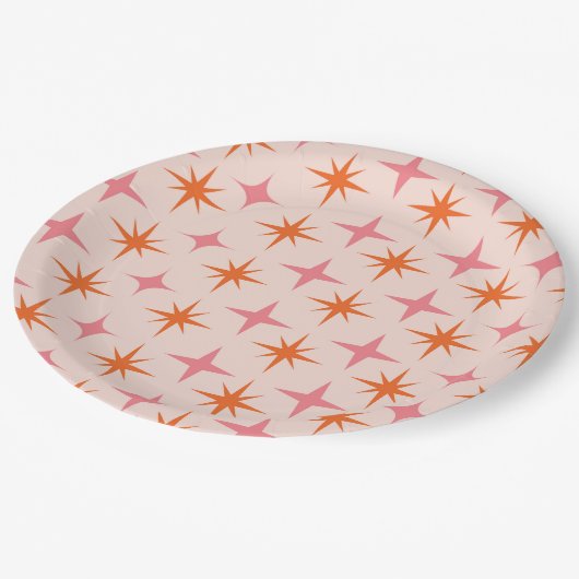 Midden eeuw Retro Starbursts Patroon Roze Sinaasap Papieren Bordje (Gekanteld)