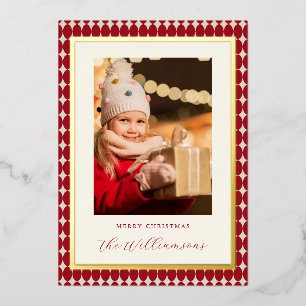 Midden eeuw Rode Verticale Twee Foto's Kerstgoud Folie Feestdagenkaart