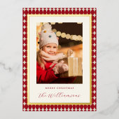 Midden eeuw Rode Verticale Twee Foto's Kerstgoud Folie Feestdagenkaart (Voorkant)