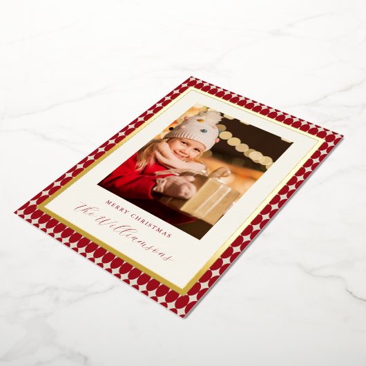 Midden eeuw Rode Verticale Twee Foto's Kerstgoud Folie Feestdagenkaart (Gedraaid)