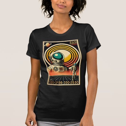 Midden-Eeuw Ruimtetijd Astronaut Landing Art T-shirt (Voorkant)