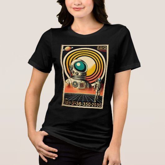 Midden-Eeuw Ruimtetijd Astronaut Landing Art Tri-Blend Shirt (Voorkant)