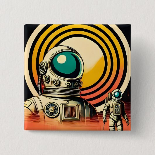 Midden-Eeuw Ruimtetijd Astronaut Landing Art Vierkante Button 5,1 Cm (Voorkant)