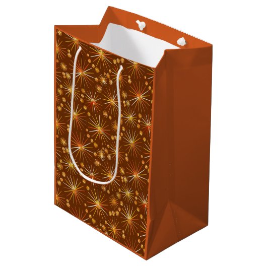 Midden eeuw Sputnik patroon, Chocoladebruin Medium Cadeauzakje (Voorkant Gekanteld)