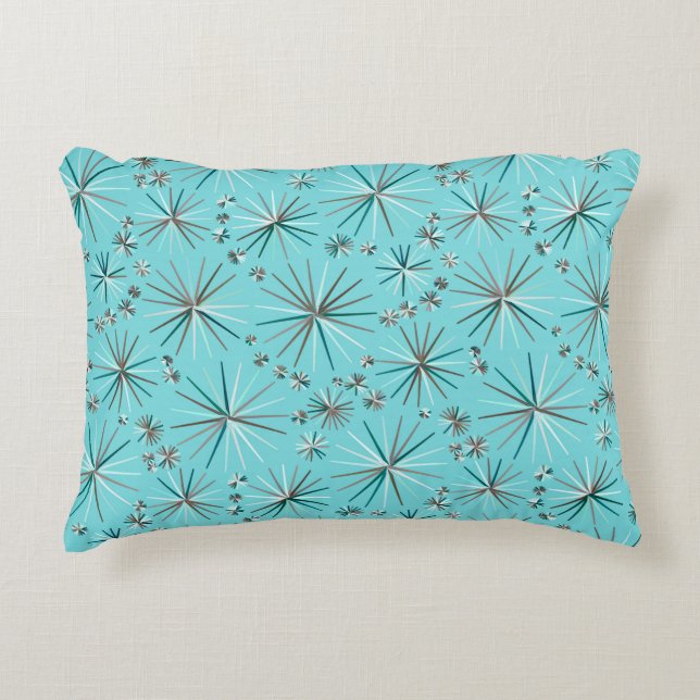 Midden eeuw Sputnik patroon, Robins Ei Blauw Accent Kussen (Voorkant)