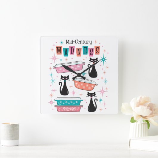 Midden-eeuw Starburst Retro Pyrex Zwart Katten Klo Vierkante Klok (Huis)