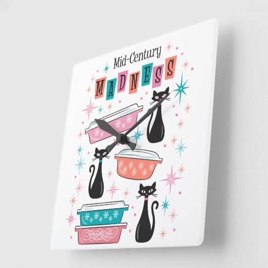 Midden-eeuw Starburst Retro Pyrex Zwart Katten Klo Vierkante Klok (Hoek)