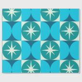 Midden-Eeuw Starbursts op Blauwe Blauwgroen Cirkel Cadeaupapier (Vlak)