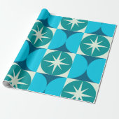 Midden-Eeuw Starbursts op Blauwe Blauwgroen Cirkel Cadeaupapier (Uitgerold)