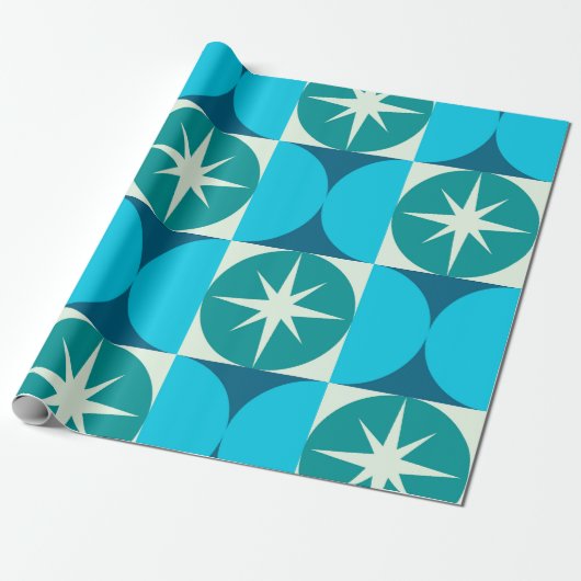 Midden-Eeuw Starbursts op Blauwe Blauwgroen Cirkel Cadeaupapier (Uitgerold)
