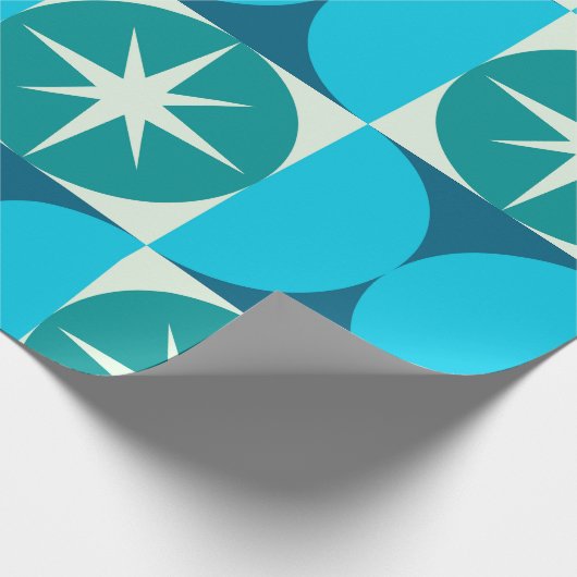 Midden-Eeuw Starbursts op Blauwe Blauwgroen Cirkel Cadeaupapier (Hoek)