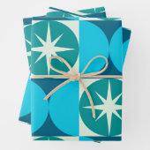 Midden-Eeuw Starbursts op Blauwe Blauwgroen Cirkel Inpakpapier Vel (In situ)