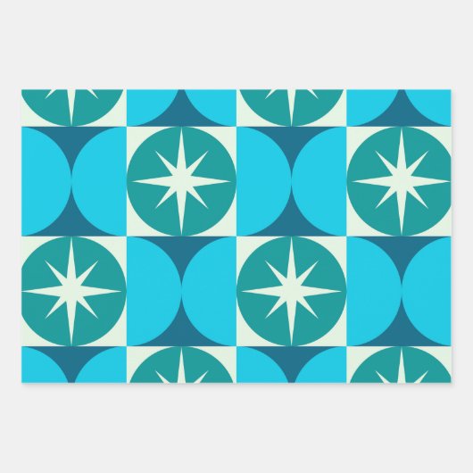 Midden-Eeuw Starbursts op Blauwe Blauwgroen Cirkel Inpakpapier Vel (Voorkant)