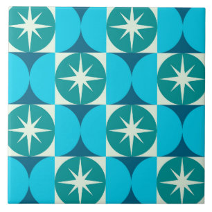 Midden-Eeuw Starbursts op Blauwe Blauwgroen Cirkel Tegeltje