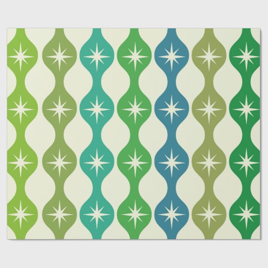 Midden eeuw Starbursts op groen blauw Ogee patroon Cadeaupapier (Vlak)