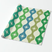 Midden eeuw Starbursts op groen blauw Ogee patroon Cadeaupapier (Uitgerold)