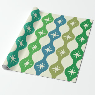Midden eeuw Starbursts op groen blauw Ogee patroon Cadeaupapier