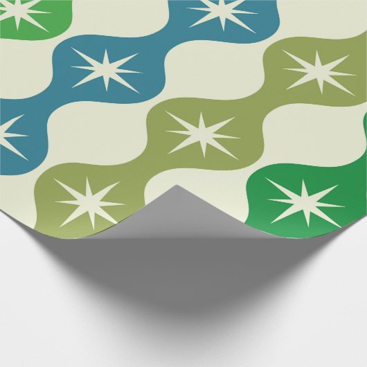 Midden eeuw Starbursts op groen blauw Ogee patroon Cadeaupapier (Hoek)