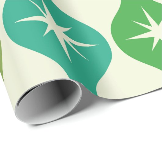 Midden eeuw Starbursts op groen blauw Ogee patroon Cadeaupapier (Rol Hoek)