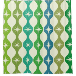 Midden eeuw Starbursts op groen blauw Ogee patroon Douchegordijn