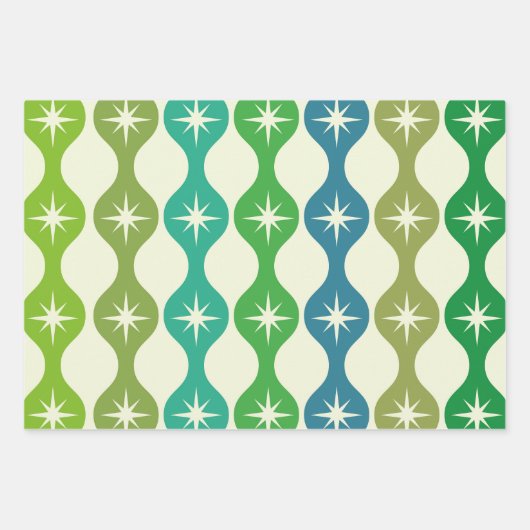 Midden eeuw Starbursts op groen blauw Ogee patroon Inpakpapier Vel (Voorkant 3)