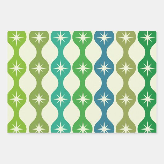 Midden eeuw Starbursts op groen blauw Ogee patroon Inpakpapier Vel (Voorkant 2)