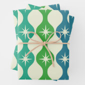 Midden eeuw Starbursts op groen blauw Ogee patroon Inpakpapier Vel (In situ)