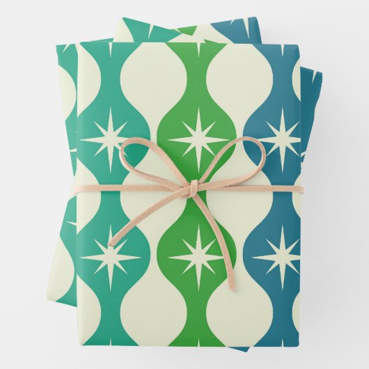 Midden eeuw Starbursts op groen blauw Ogee patroon Inpakpapier Vel (In situ)