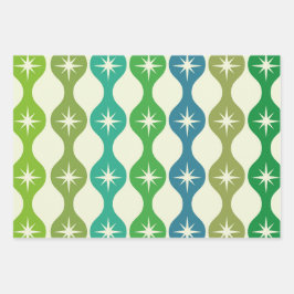 Midden eeuw Starbursts op groen blauw Ogee patroon Inpakpapier Vel