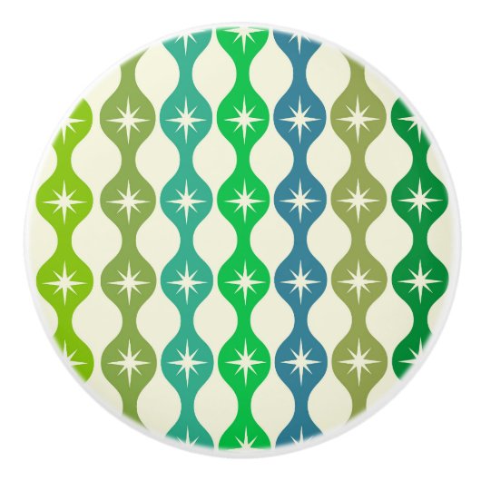 Midden eeuw Starbursts op groen blauw Ogee patroon Keramische Knop (Voorkant)