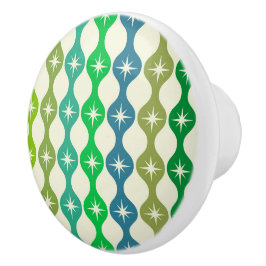 Midden eeuw Starbursts op groen blauw Ogee patroon Keramische Knop