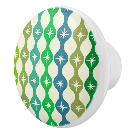 Midden eeuw Starbursts op groen blauw Ogee patroon Keramische Knop (Rechts)