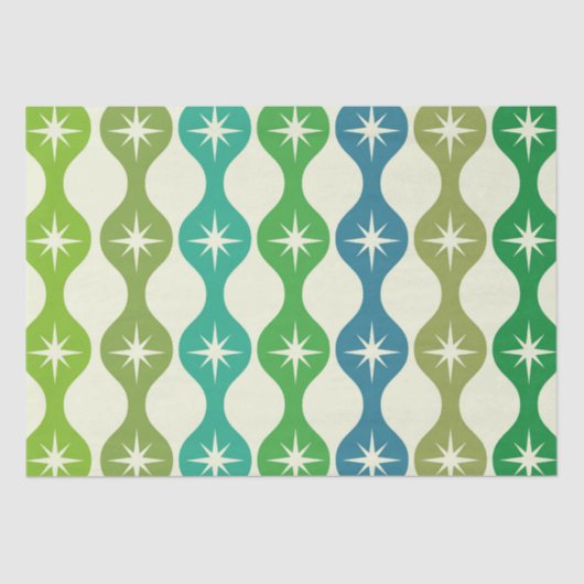 Midden eeuw Starbursts op groen blauw Ogee patroon Tissuepapier (Voorkant)