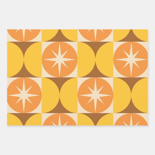Midden-Eeuw Starbursts op Oranje Gele Cirkels Inpakpapier Vel (Voorkant 2)