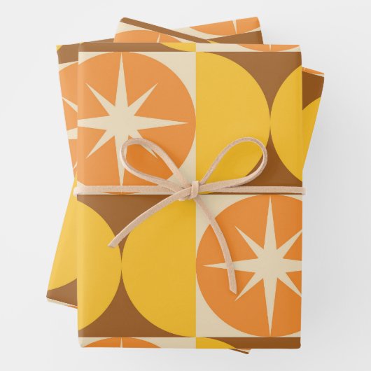 Midden-Eeuw Starbursts op Oranje Gele Cirkels Inpakpapier Vel (In situ)