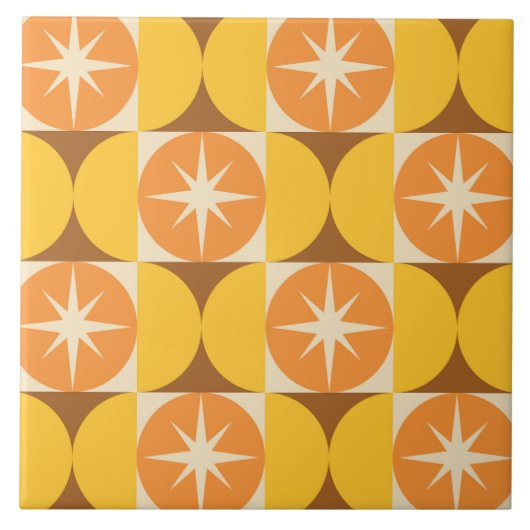Midden-Eeuw Starbursts op Oranje Gele Cirkels Tegeltje (Voorkant)
