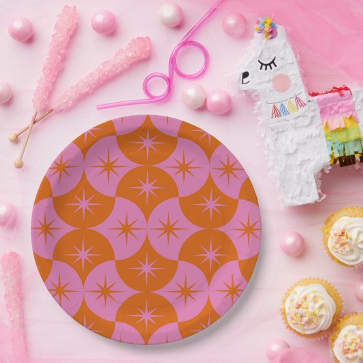 Midden eeuw Starbursts op roze Sinaasappel Scallop Papieren Bordje (Feest)