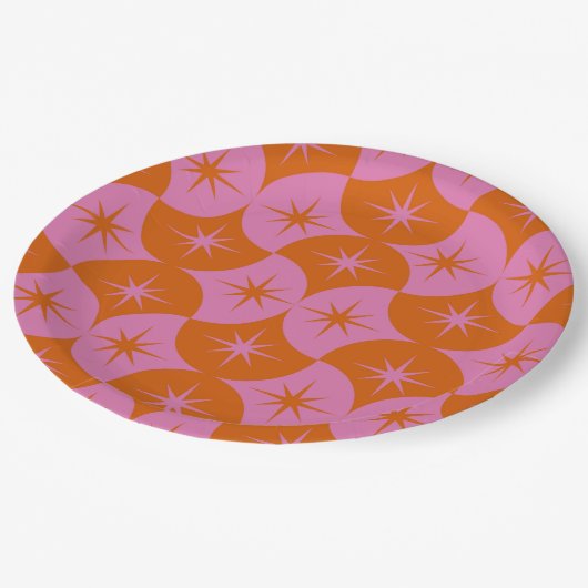 Midden eeuw Starbursts op roze Sinaasappel Scallop Papieren Bordje (Gekanteld)