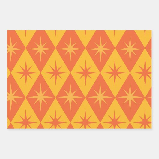 Midden-Eeuw Starbursts op Sinaasappel Retro Diamon Inpakpapier Vel (Voorkant 2)
