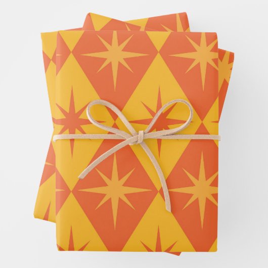 Midden-Eeuw Starbursts op Sinaasappel Retro Diamon Inpakpapier Vel (In situ)