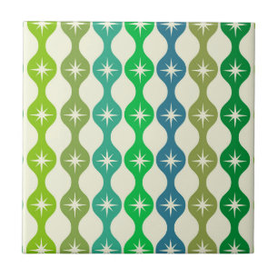 Midden eeuw steruitbarstingen op groen blauw Ogee  Tegeltje