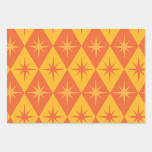 Midden eeuw steruitbarstingen op oranje retro diam inpakpapier vel