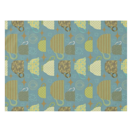 Midden eeuw Stoffig Blauw Teacup Patroon Tafelkleed (Voorkant (Horizontaal))